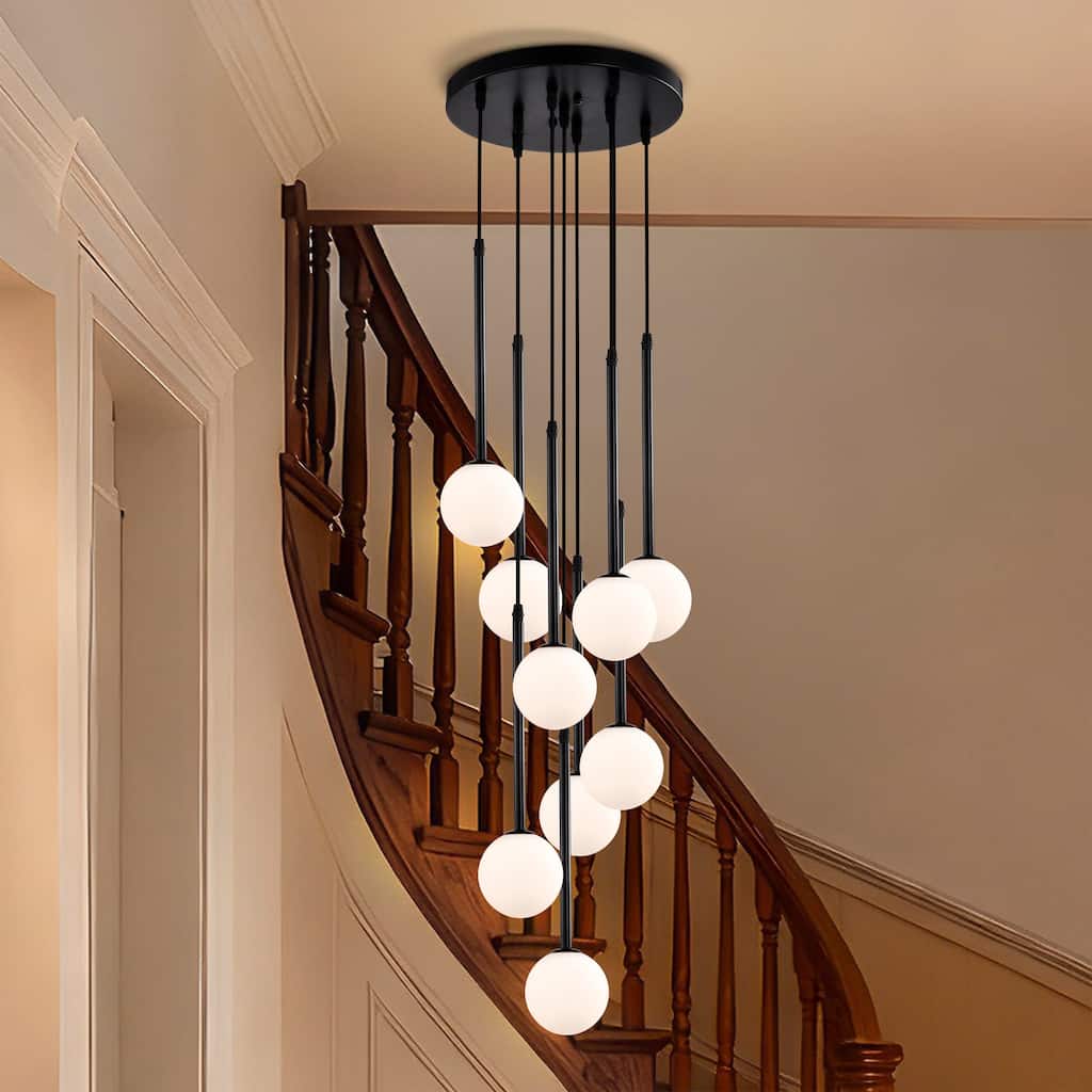 Cisevol 9-Light Chandelier with Frosted Glass Globe Pendant Cluster Black Finish