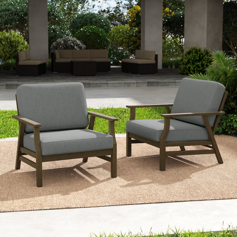 Outdoor 2 Set Teak Wood Club Chairs Set with Cushion - BROWN WOOD - GRAY/BROWN