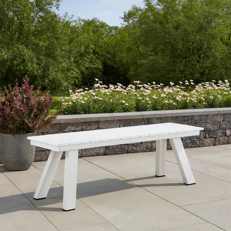 Zia 54 Inch Outdoor Dining Bench, White Polyresin Top, White Aluminum Frame