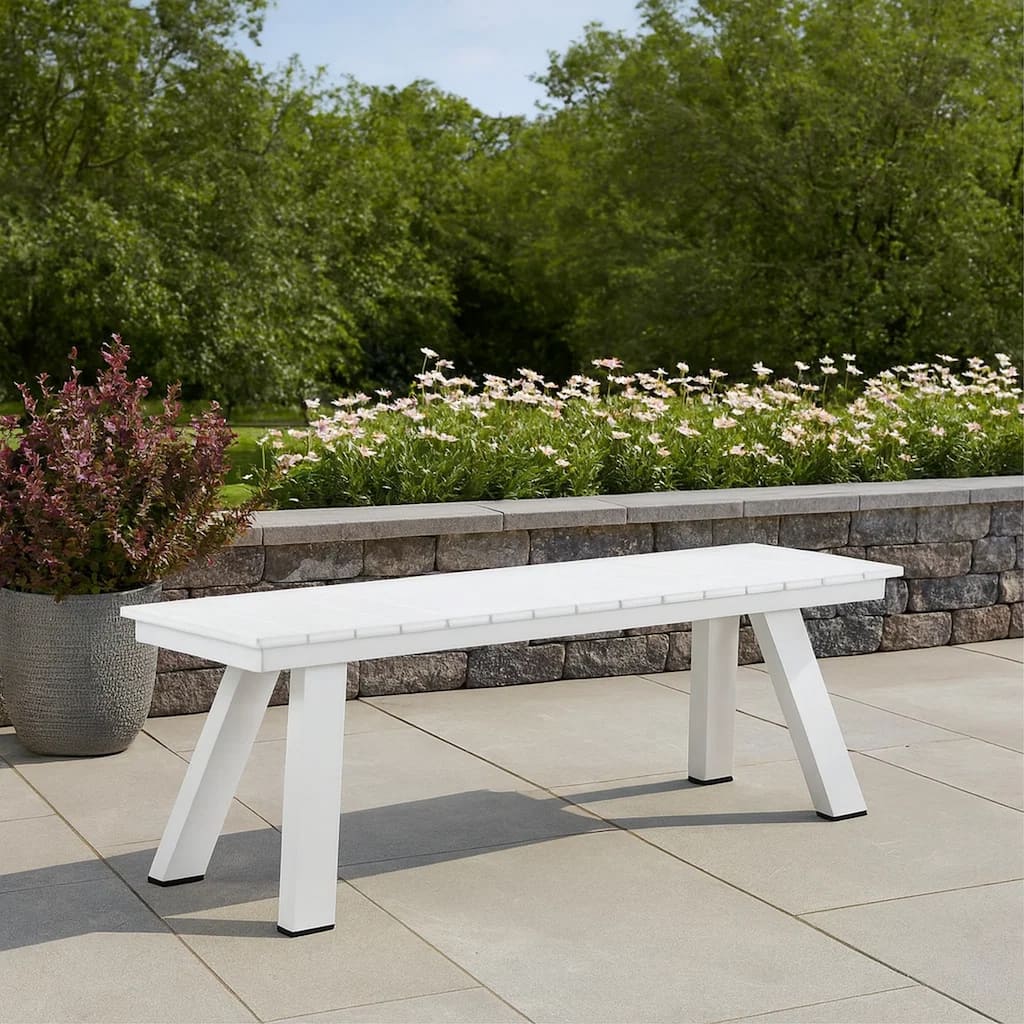 Zia 54 Inch Outdoor Dining Bench, White Polyresin Top, White Aluminum Frame
