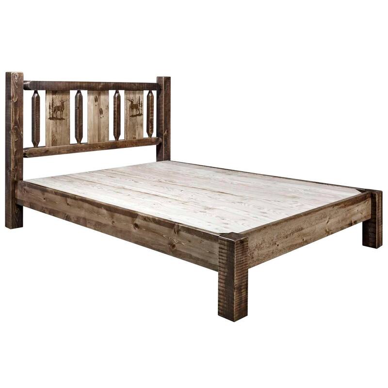 California King Bed - Rustic Elk Design Platform Bed - Laser Engraved Headboard - Stain Clear Lacquer Finish
