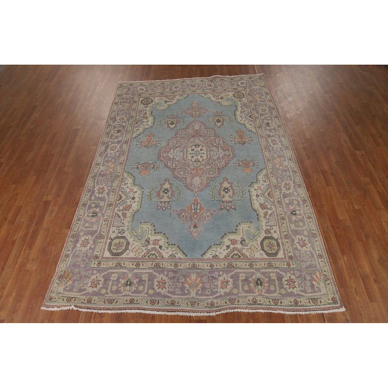 Hand Knotted Oriental 100% Wool Carpet Traditional Medallion Navy Blue & Blues Tabriz Area Rug - 9' 7'' X 6' 6''