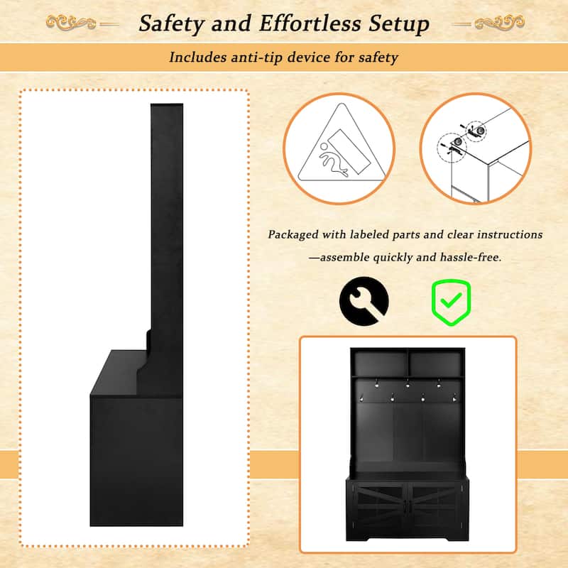 43.3" 3-in-1 Wood Coat Rack with Adjustable Shelves and 7 Hooks