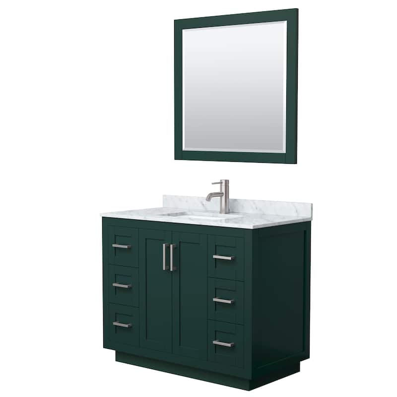 Miranda Single Vanity Set, White Carrara Marble Top, 34-Inch Mirror - 42-Inch Single - Green, Nickel Trim, White Carrara Marble Top