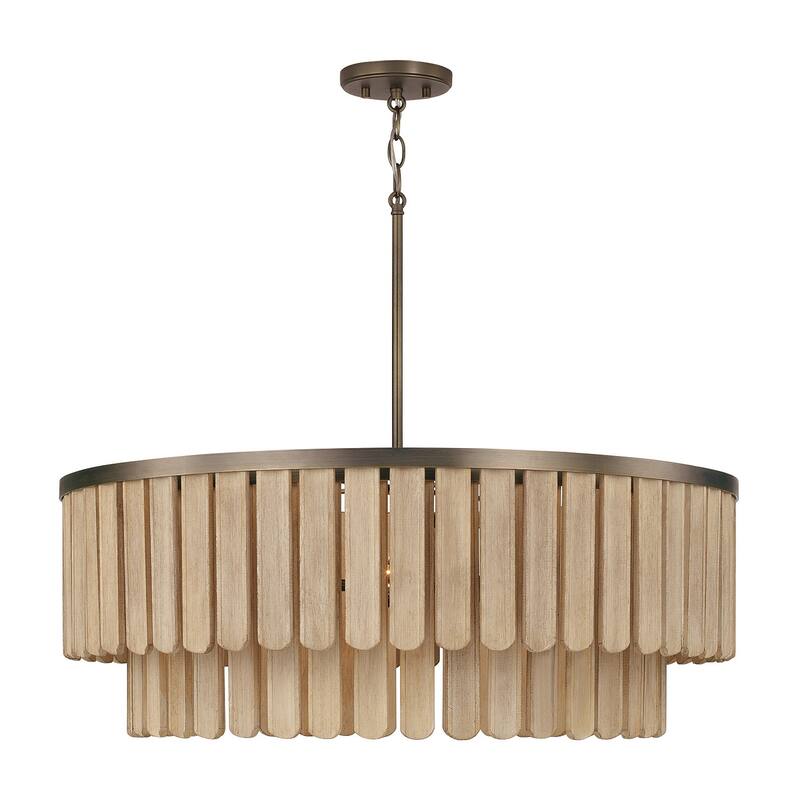 30" W x 11" H 6-Light Pendant in Dark Brass with Handcrafted Mango Wood in Nordic Grey Stain - 30"W x 11"H