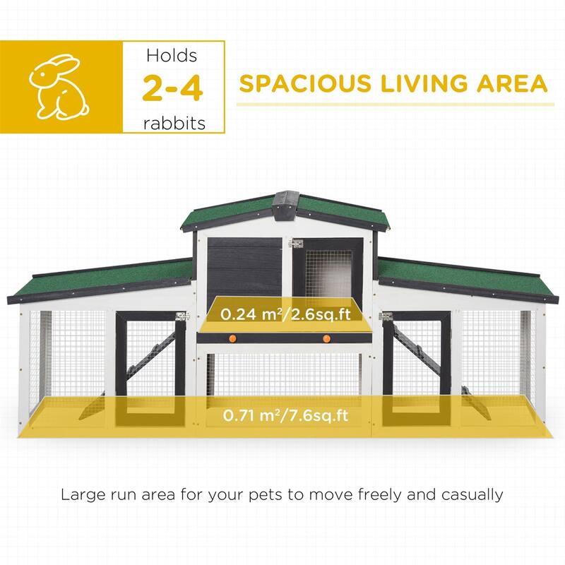 Large Gray Fir Wood Bunny Hutch with Dual Runs Pull Out Tray and Weather Resistant Roof for 2 to 4 Bunny