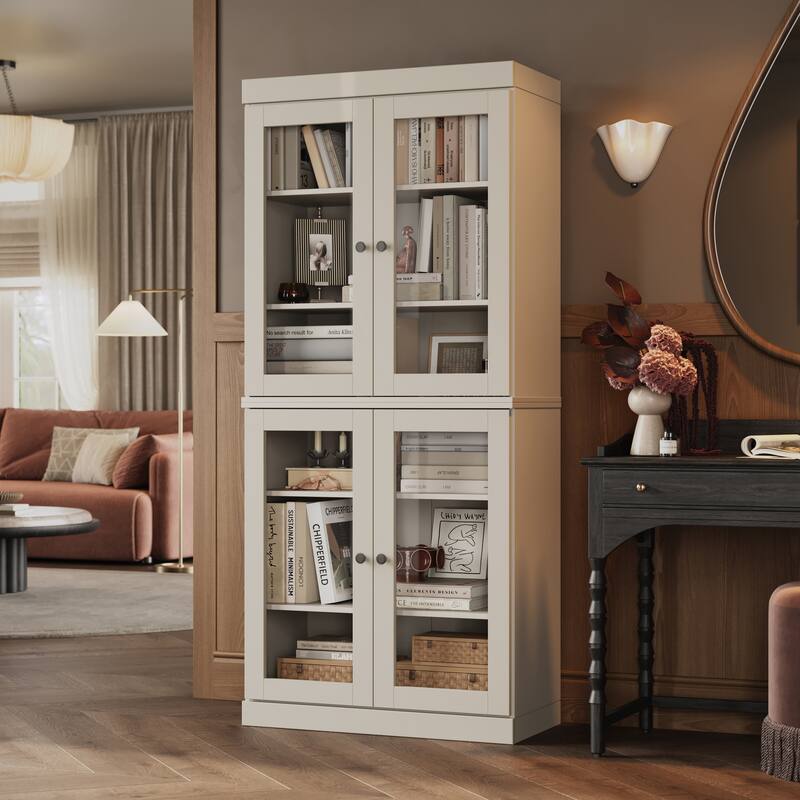 100% Solid Wood Tall Bookcase with Glass Doors, Adjustable Shelves, Modular Storage Bookshelf, 32" W x 71.5" H - Off White