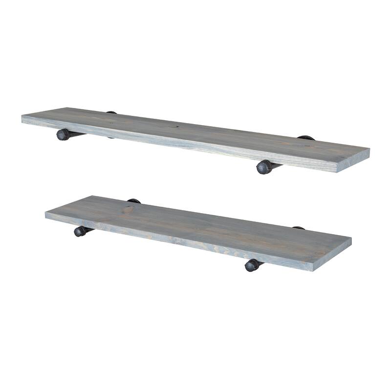PIPE DECOR 36" Solid Wood Wall Shelves with Rustic Black Industrial Steel Pipe Brackets, Set of 2