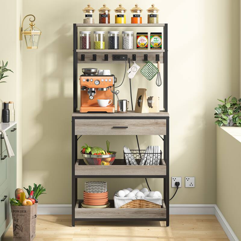 Kitchen Bakers Rack with Power Outlets, High Utility Storage Shelves Microwave Stand with Drawers