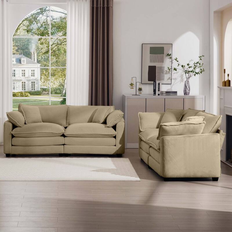 2+2 Seat Corduroy Fabric Flexible Combinations Sofas Set with Removable Armrests and Throw Pillows
