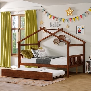 Full Size Wooden House Bed with Twin Size Trundle Bed Frame for Kids, Teens, Girls, Boys No Box Spring Needed, Easy Assembly