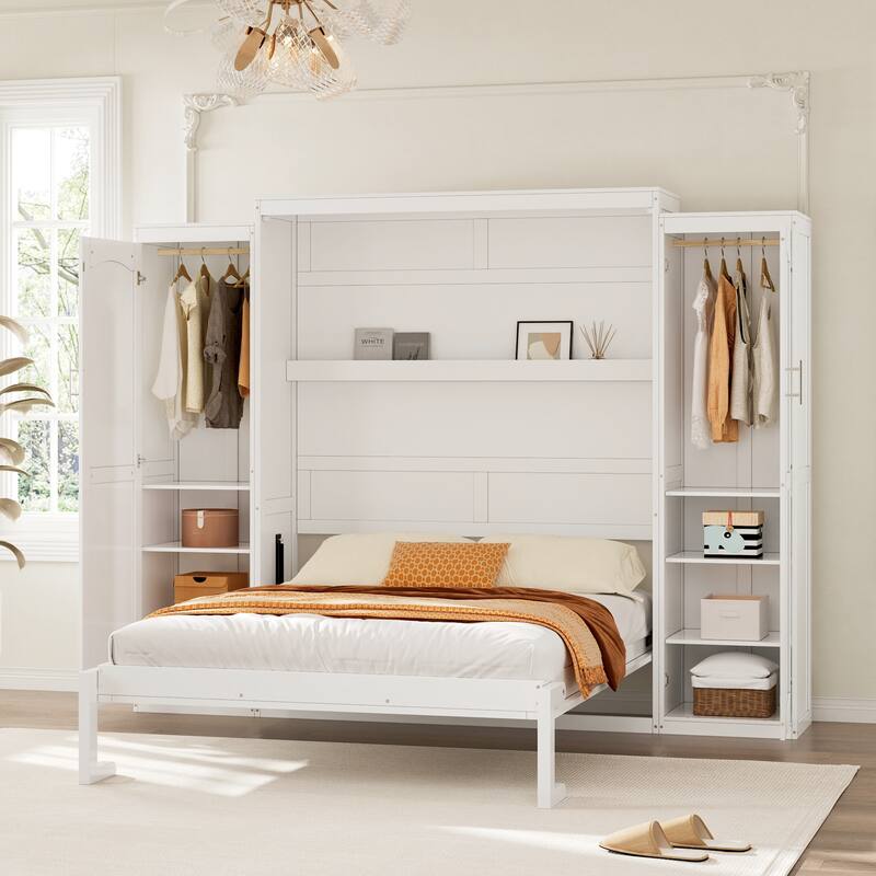 Full Size Murphy Bed with Two Wardrobe and Storage Shelf - White