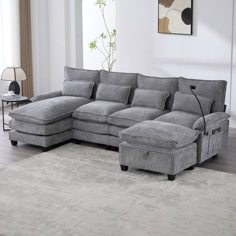 HOMEFUN Chenille Upholstered Oversized U-shaped Comfy Modular Sectional Sofa with Storage Ottoman - Light Grey