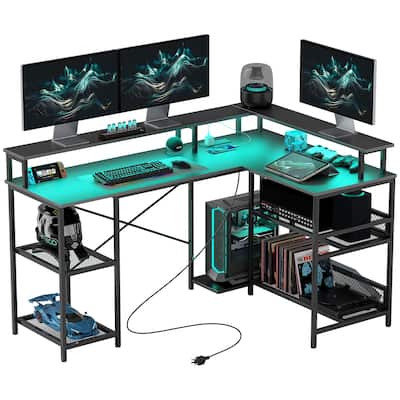 Shaped Desk with RGB LED Light USB Charging Ports Ergonomic Monitor Stands and Storage Shelves Sturdy Corner Office Workstation