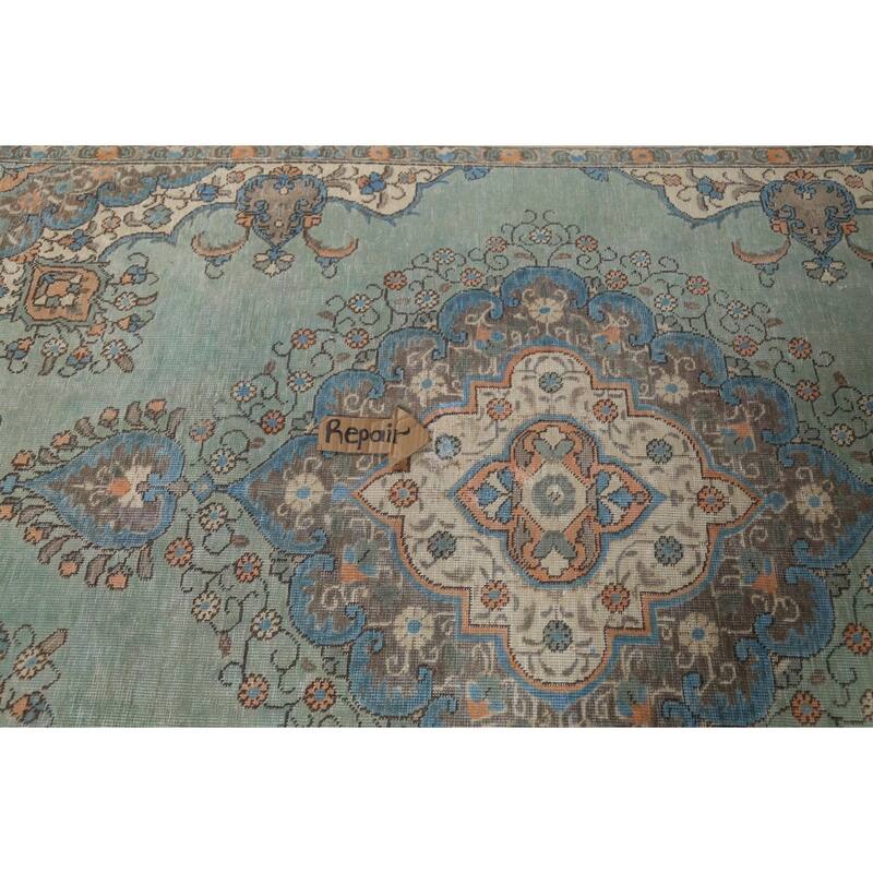 Turquoise Green Tabriz Persian Vintage Area Rug Handmade Wool Carpet - 6'8"x 9'6"