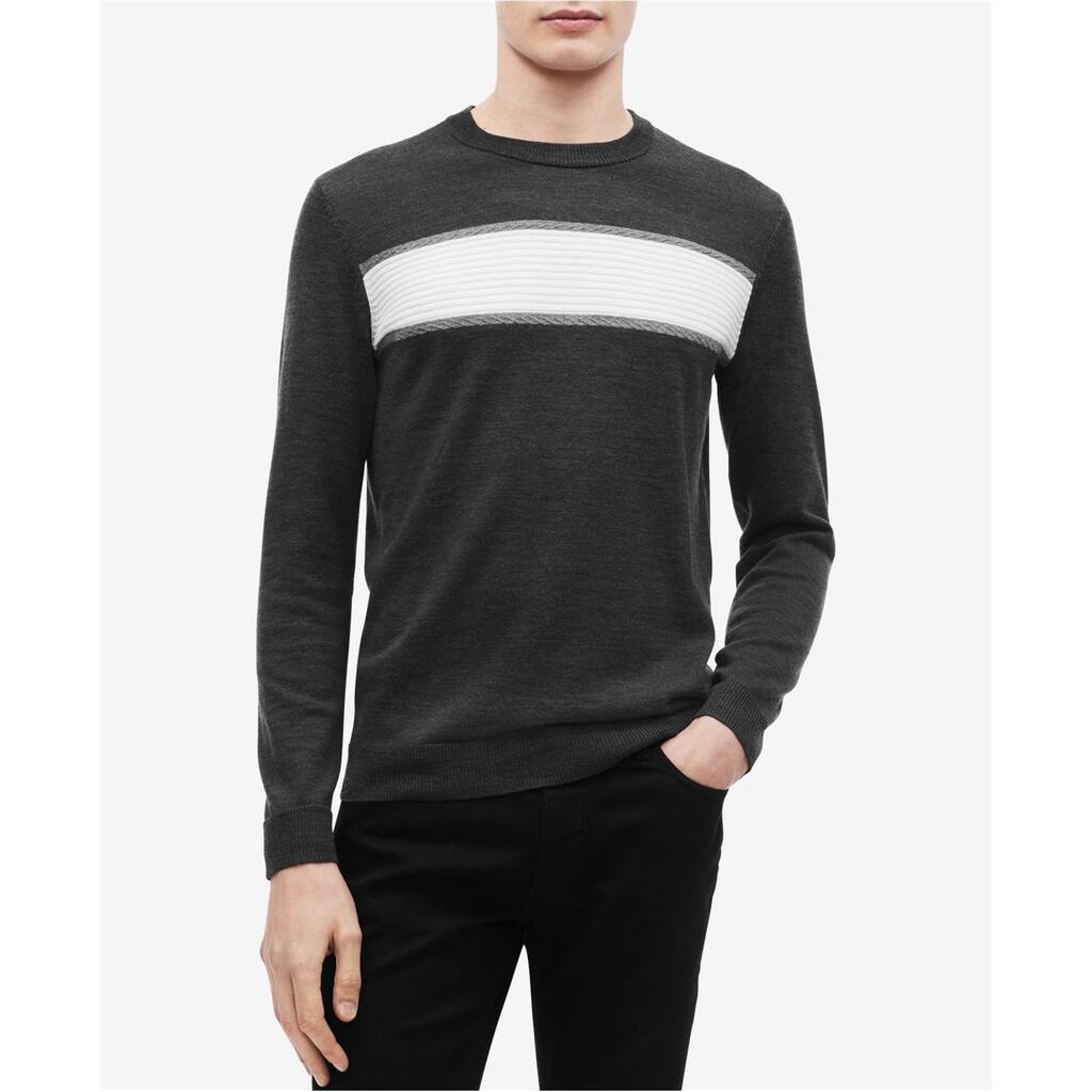 Calvin Klein Mens Chest Stripe Pullover Sweater,, Grey, Large
