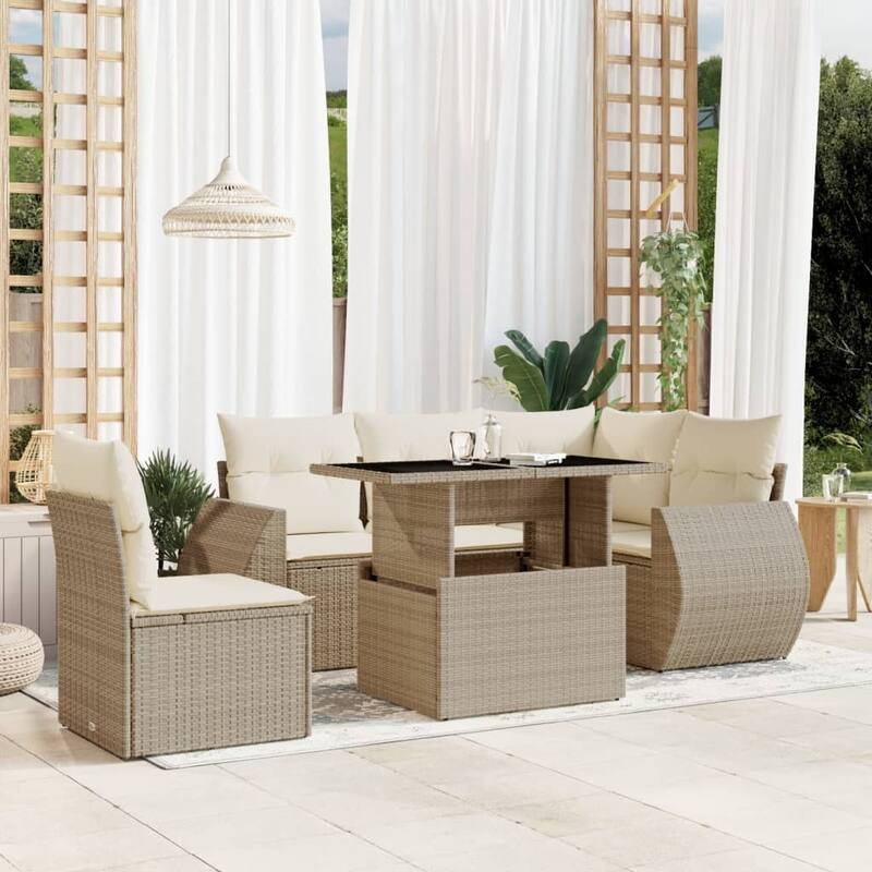 vidaXL Patio Sofa Set with Cushions Outdoor Furniture 6 Piece Poly Rattan - Beige and Cream - 21.7 x 39.4 x 27.2