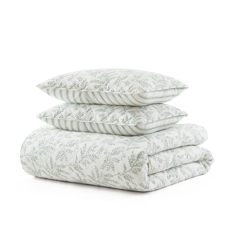 Martha Stewart Murray Leaves Cotton Reversible Green Quilt Set