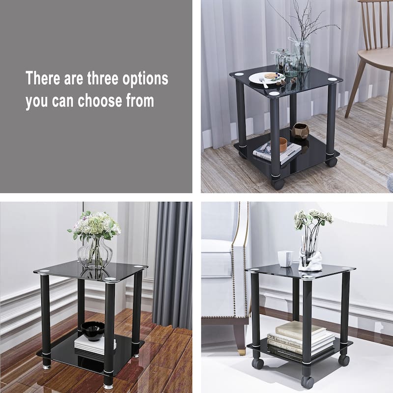 2Tier Glass Metal Side Table with Storage Shelve, 2Piece Bed Bath