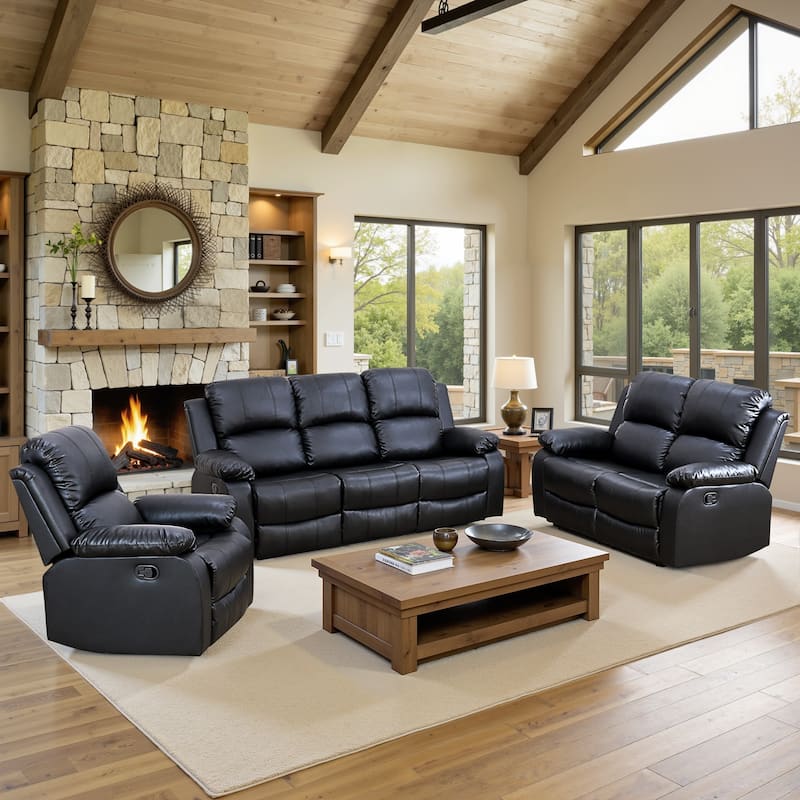 3-Piece Semi PU And PVC Couch Living Room Sofa Set - Black