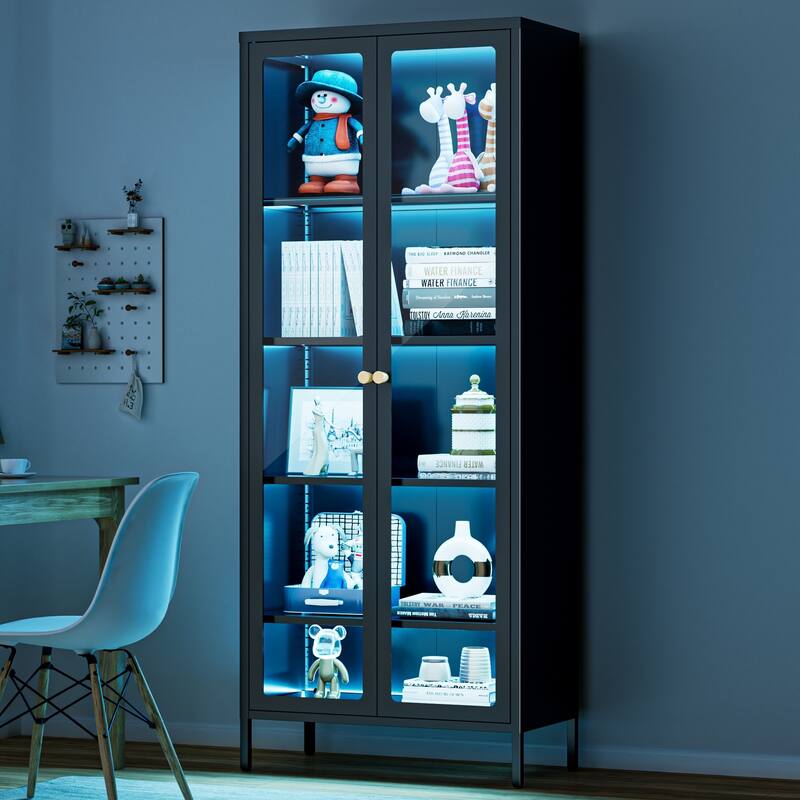 4/5-Tier Glass Curio Display Cabinet with Doors & Adjustable Storage Shelves