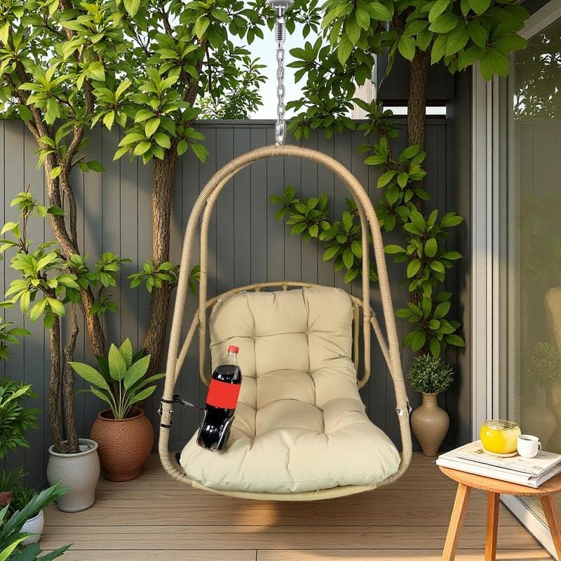 Rattan Egg Chair with Stand - Indoor/Outdoor Hanging Swing and Cushion and Cup Holder (350lb Capacity, Foldable)