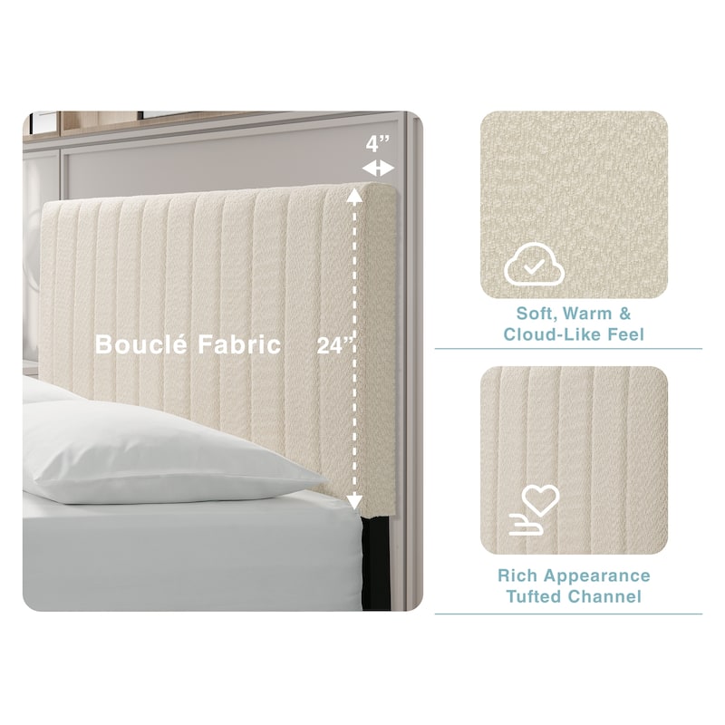 Queen Upholstered Platform Bed with Tufted Headboard, Mid-Century Modern Design, Boucle Fabric, No Box Spring Needed