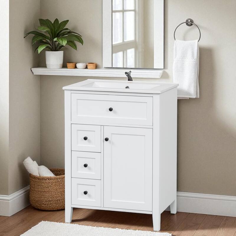 24" Bathroom Vanity with Sink, Freestanding Cabinet with 3 Drawers & Adjustable Shelf, MDF and Rubberwood Base