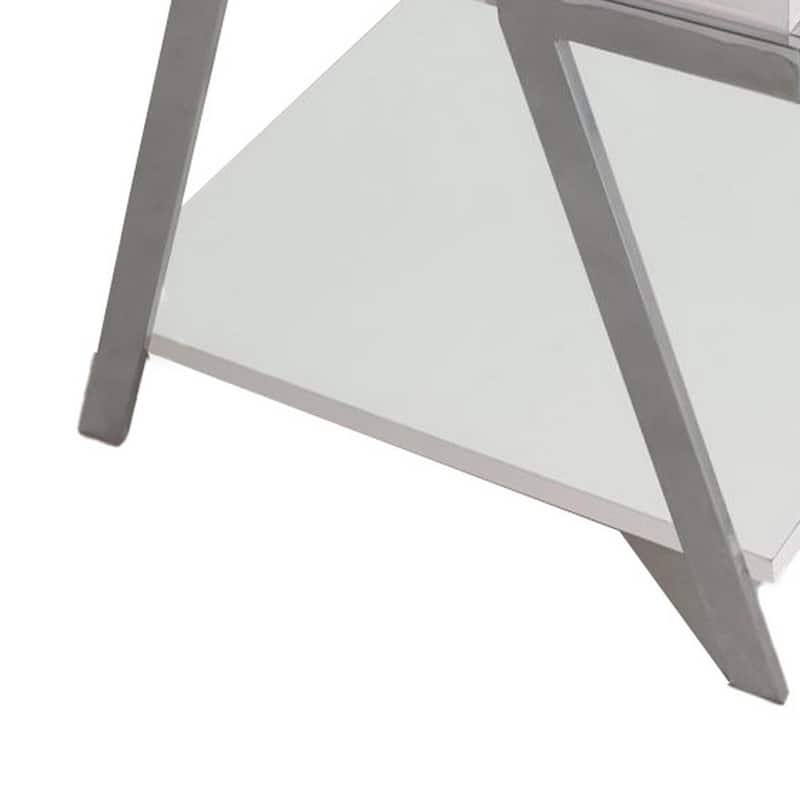 Casey 26 Inch End Table, Chrome Angled Metal Frame, Square Glossy White Top