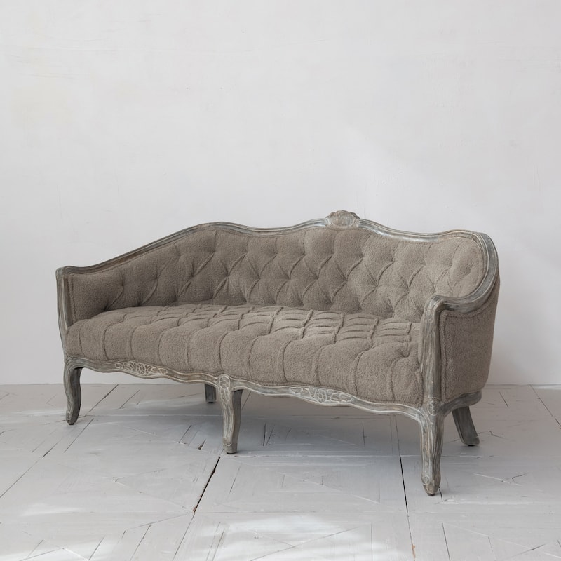 Bouclé Pintucked Sofa with Hand-Carved Mango Wood Frame