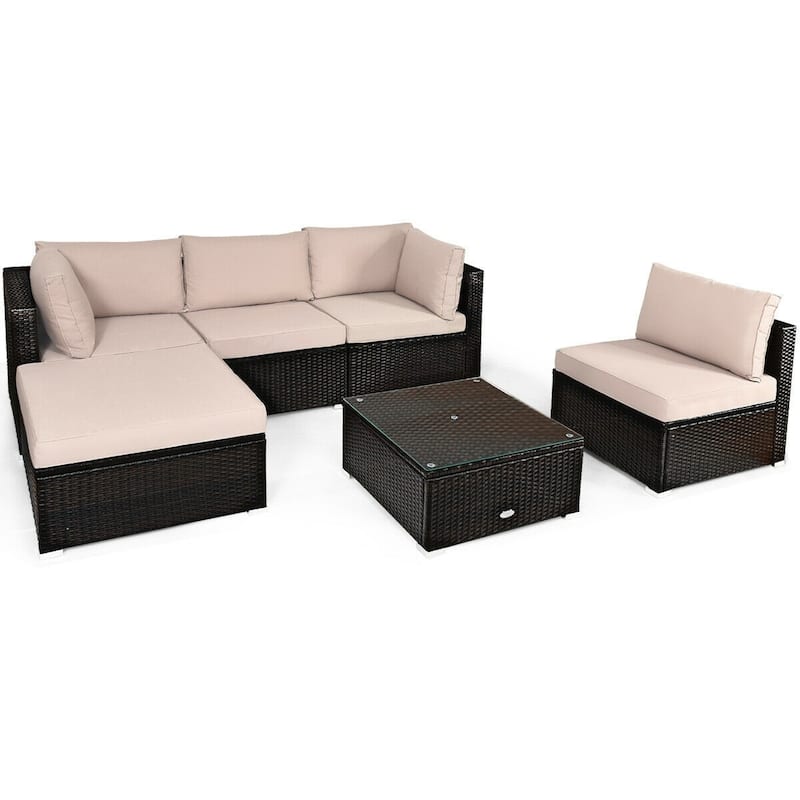 6 Pieces Outdoor Patio Rattan Furniture Set Sofa Ottoman with Coffee Table - 30'' x 30'' x 26''(L x W x H)