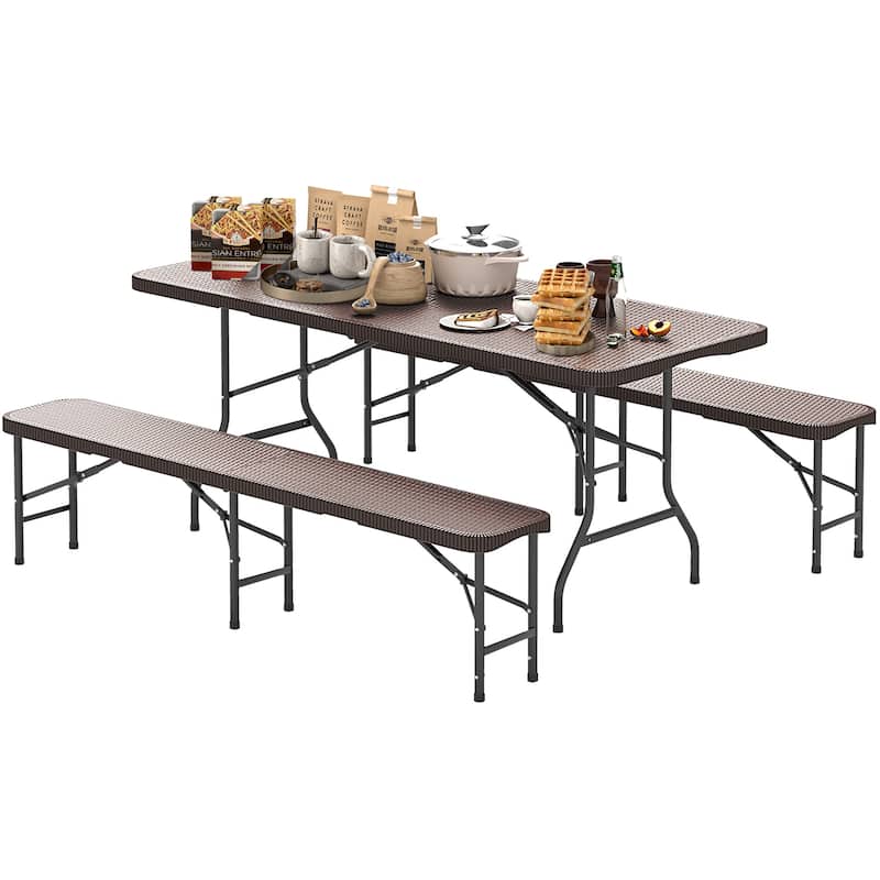 Gymax 3 Piece Folding Picnic Table Set w/ 6 ft Table & 2 Benches for - Brown