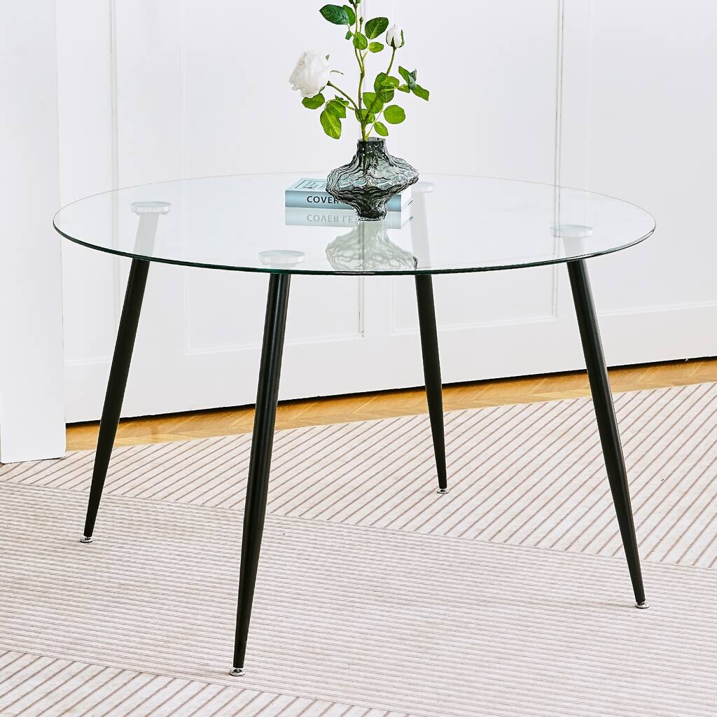 Modern simple glass table, high-quality tempered glass metal material, black spray table legs, suitable for restaurant k