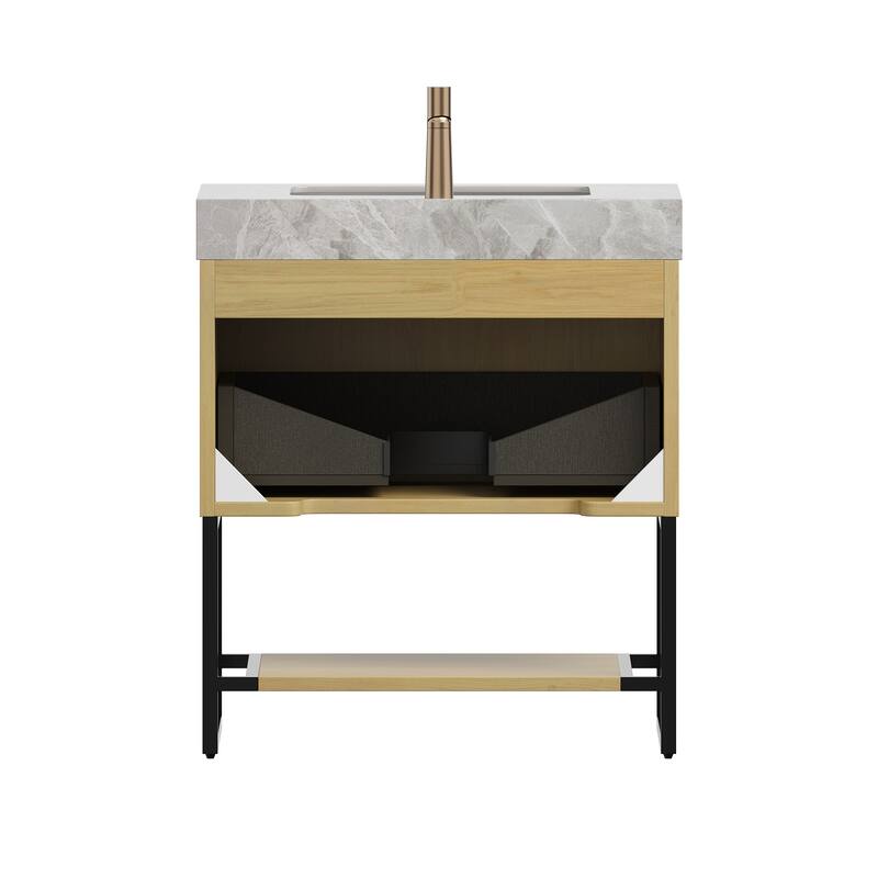 30" Bathroom Vanity & Sink, Freestanding Striped Plywood Storage Cabinet with Drawer & Open Shelf