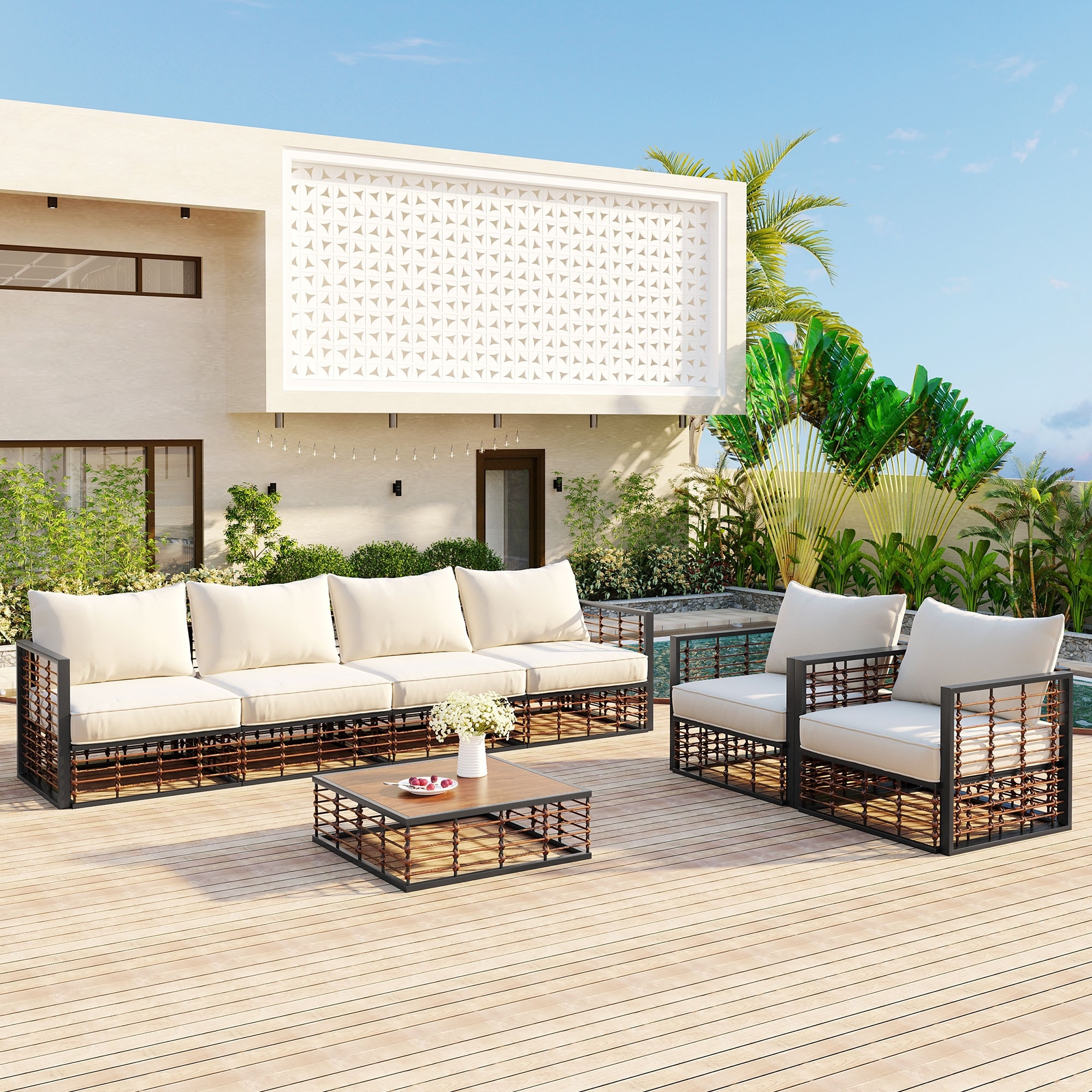 Modern Minimalist 7-Piece Metal Patio Sectional Sofa Set,All-Weather Garden Conversation Set with Thick Cushions & Coffee Table