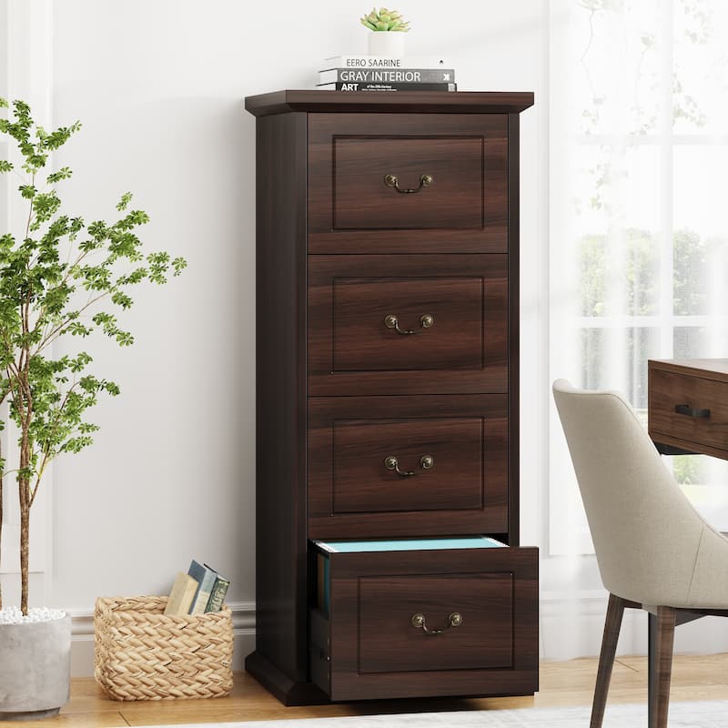 4-Drawer Wood Vertical File Filing Cabinet with Removable Hanging Rod for A4 /Letter Size - Dark Walnut