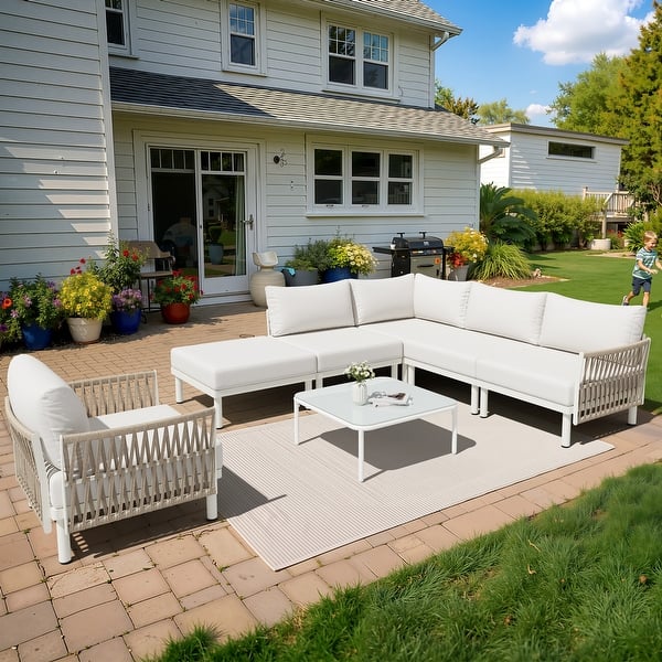 slide 2 of 42, 2/4/6/8-Seat Modular All-Weather Aluminum Outdoor Sectional Sofa Set with Deep Seating Patio Conversation Set 6-seater - Beige