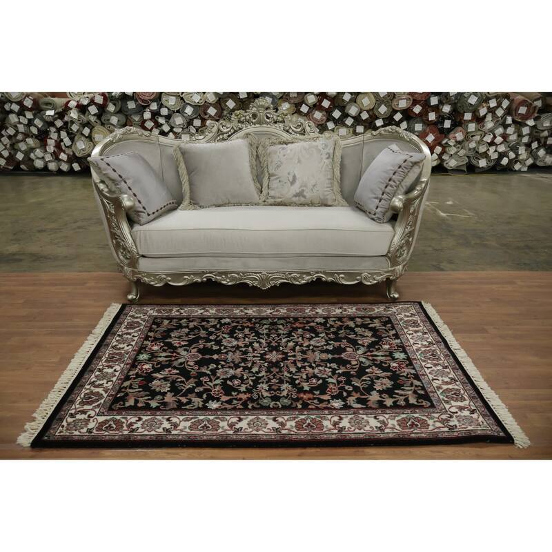 Hand Knotted Oriental 100% Wool Carpet Traditional All-Over Black Agra Area Rug - 6' 1'' X 4' 0''