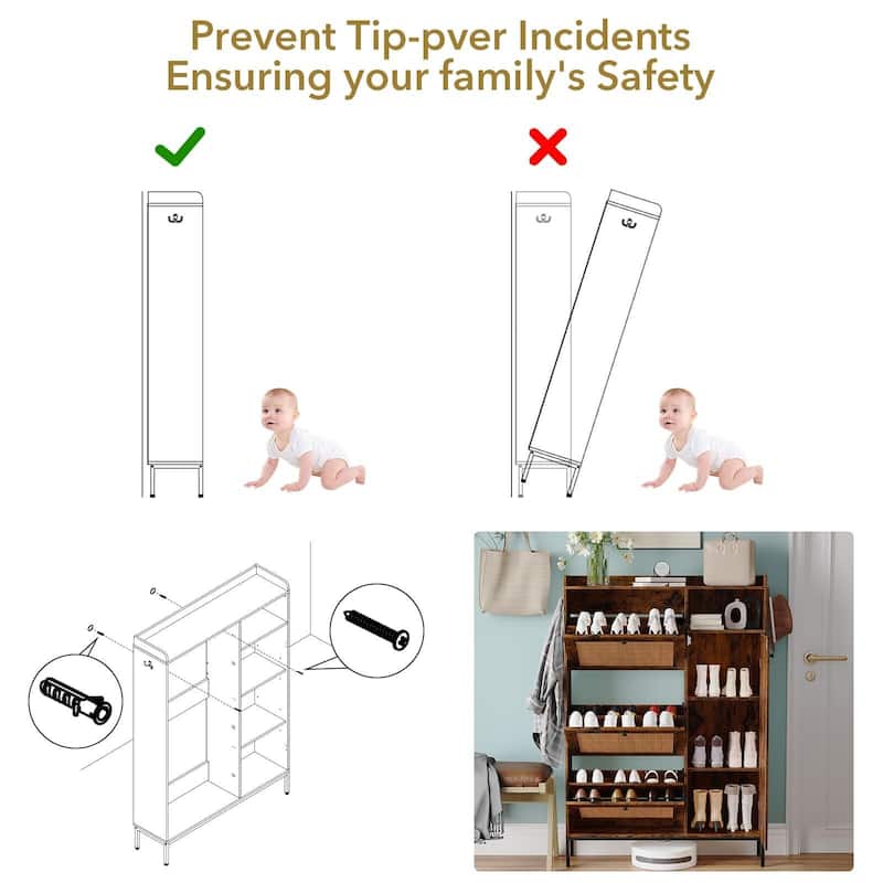 3-Tier Shoe Storage Cabinet with Rattan Doors and Adjustable Compartments