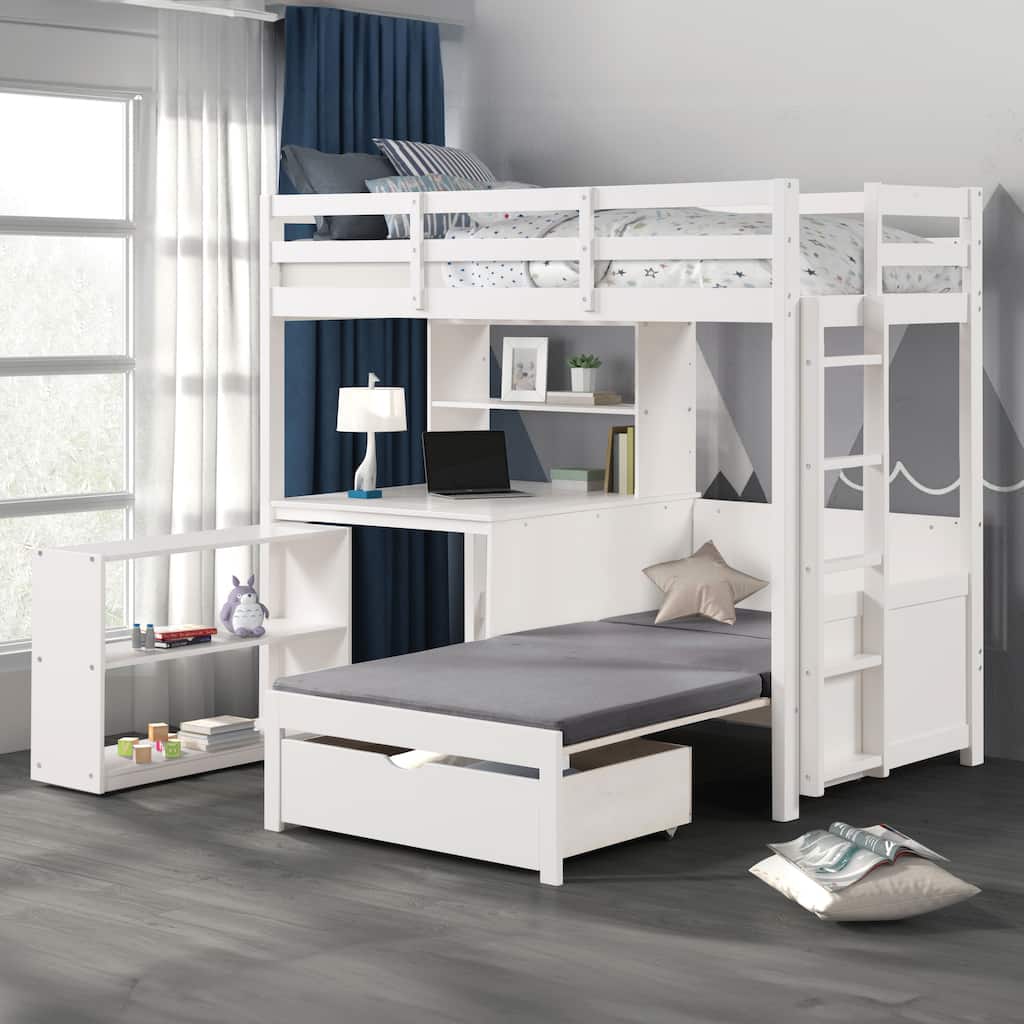 Furniture of America Aurelian Modern Twin 4-in-1 White Solid Pinewood Loft Bed with Bookcase, Desk and Convertible Bench