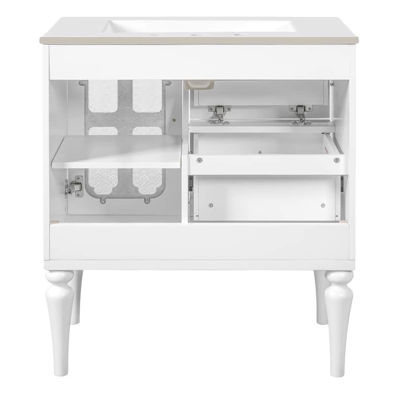 Freestanding 30" White Bathroom Vanity with Ceramic Sink, Retro Glass Door Bathroom Storage Cabinet - 30 Inch