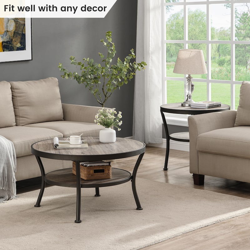 Myhozm Industrial Round Metal Coffee Table with Shelf for Living Room,Home Office and Bedroom