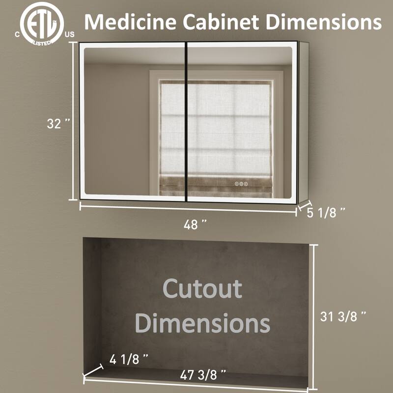 Grand Aluminum Medicine Cabinet with Mirror, Adjustable Shelves, Dimmable Light, Anti-Fog, Recessed or Wall Mount