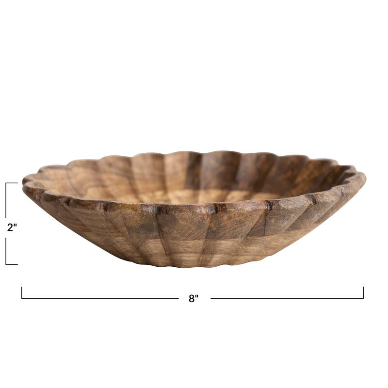 Carved Wood Bowl with Scalloped Edge - 8.0"L x 8.0"W x 2.0"H