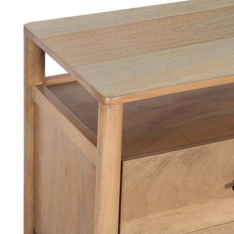 Geti 29 Inch Bedside Nightstand Table, Handcrafted Natural Oak White Mango Wood, 2 Drawer, Open Shelf