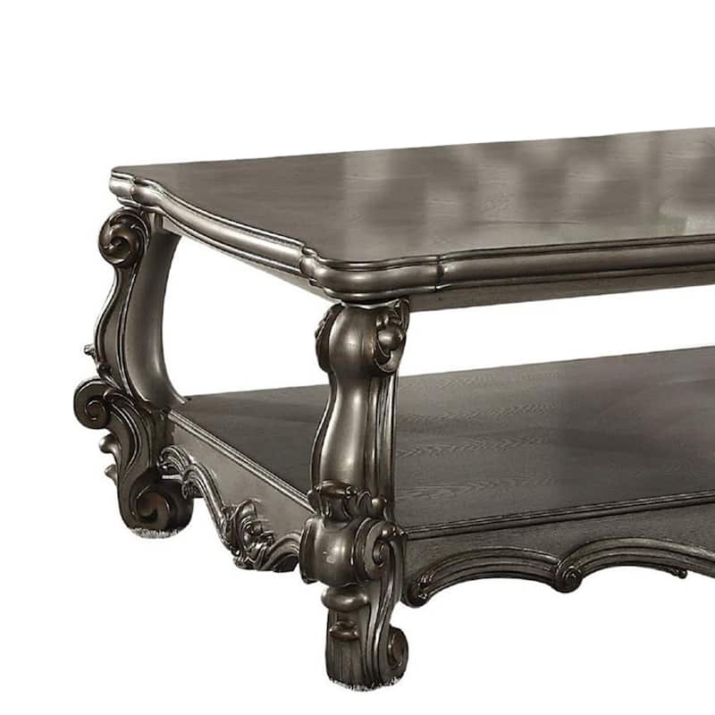 Wooden Coffee Table with Vintage Style Oversized Legs and One Open Shelf, Silver