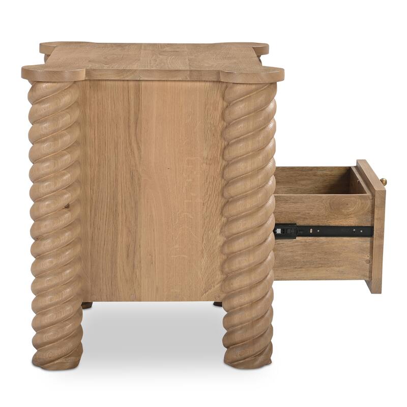 NADAAL STUDIOS Calvert Treccia Nightstand, Solid Oak with Oak Veneer Panels, 2 Drawers, Turned Legs, Natural Finish