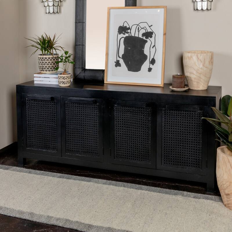 Mango Wood and Cane 4-Door Sideboard Cabinet