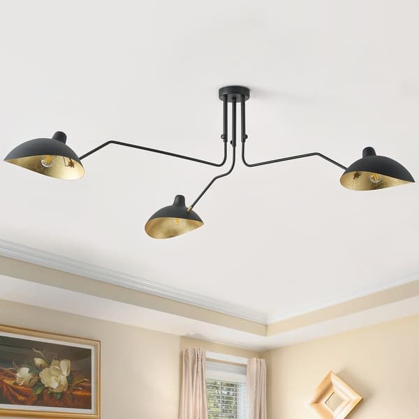 slide 2 of 9, Farmhouse Matte Black 3-Light Semi Flush Mount Ceiling Light with Gold Leaf Black