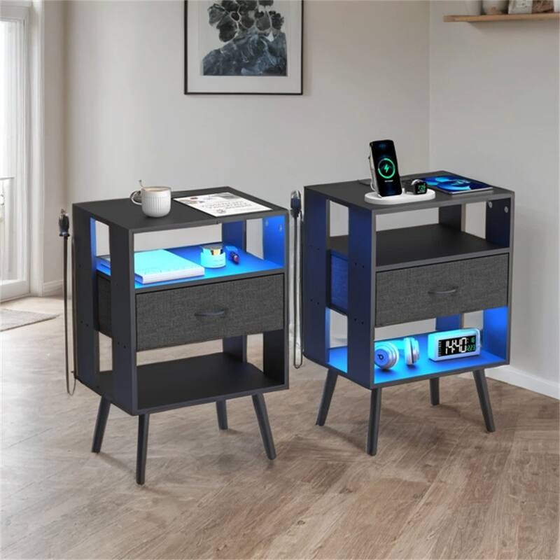 2 Pack Modern LED Nightstand with Charging Station and Fabric Drawers
